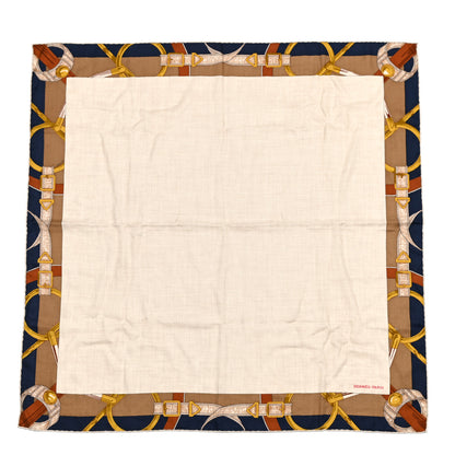 Hermes Cashmere Silk Encadre Eperon d'Or Scarf 90 Naturel Camel Marine 1 of 4