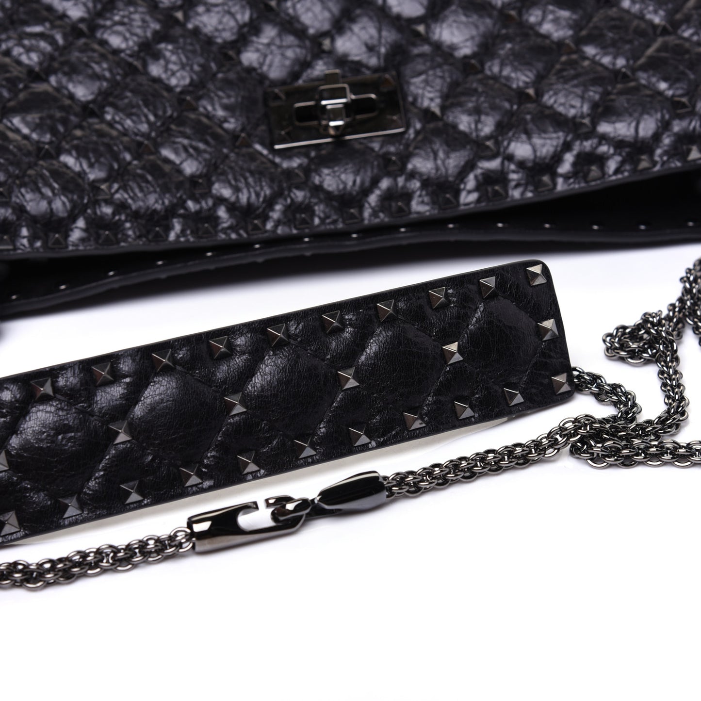 Craquele Nappa Rockstud Spike Shoulder Tote Black