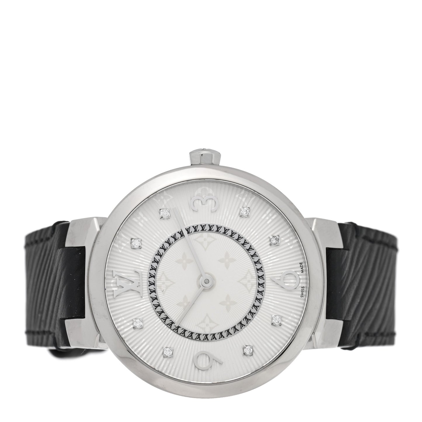 Stainless Steel Epi Diamond 33mm Tambour Slim Quartz Watch Black