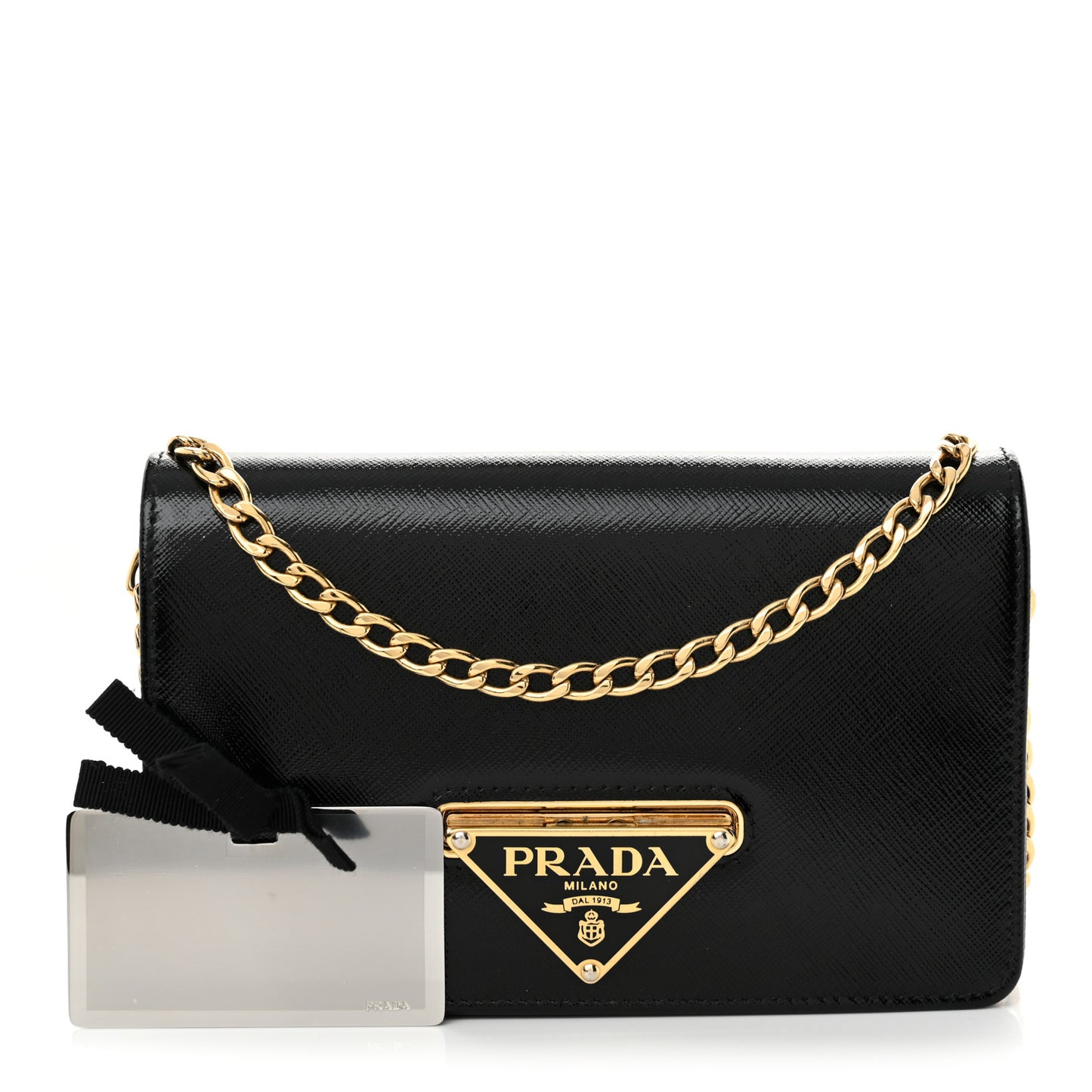 Saffiano Vernice Metal Triangle Chain Crossbody Bag Black
