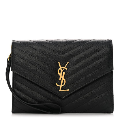 Saint Laurent Grain De Poudre Matelasse Chevron Monogram Envelope Clutch Black 1 of 7