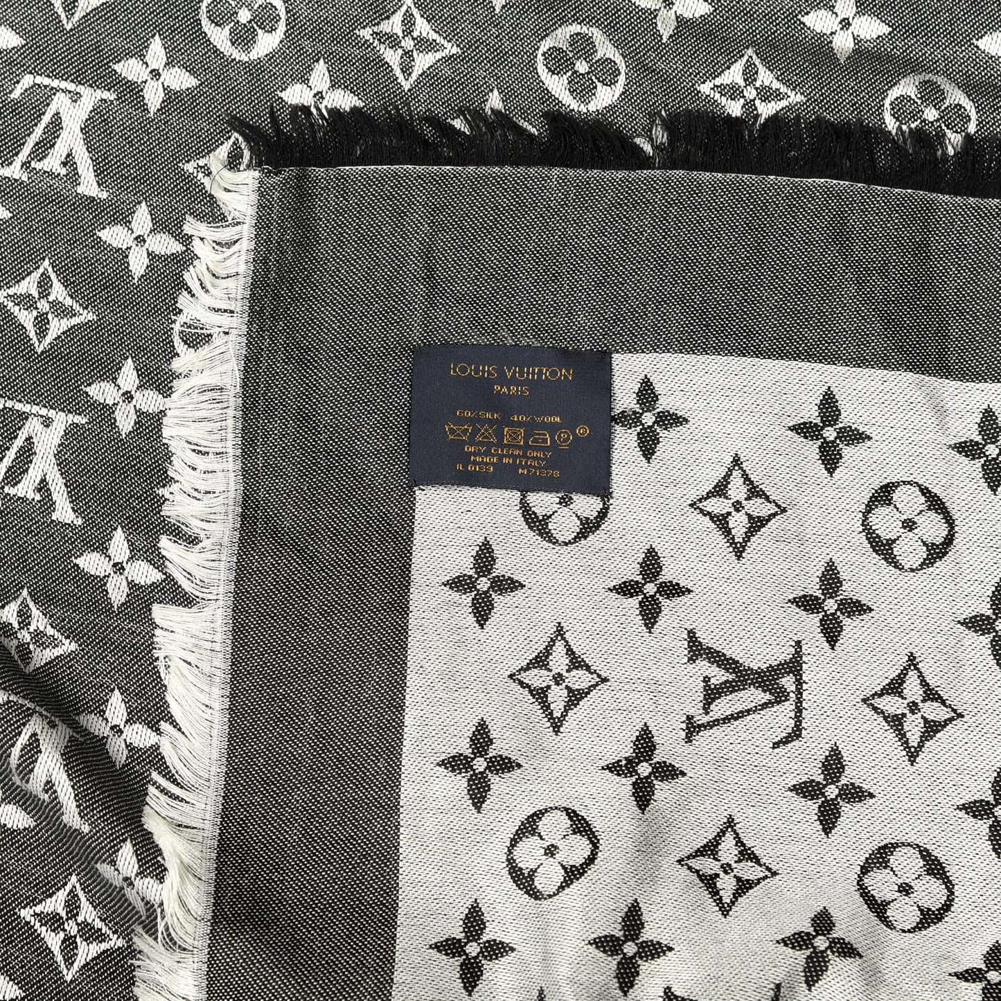 Silk Wool Monogram Denim Shawl Black