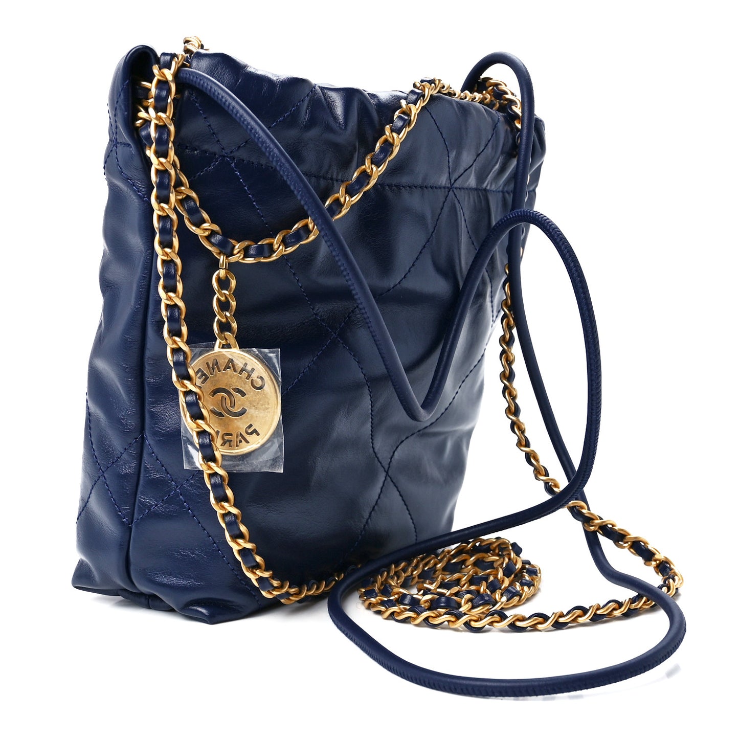 Shiny Calfskin Quilted Mini Chanel 22 Navy Blue
