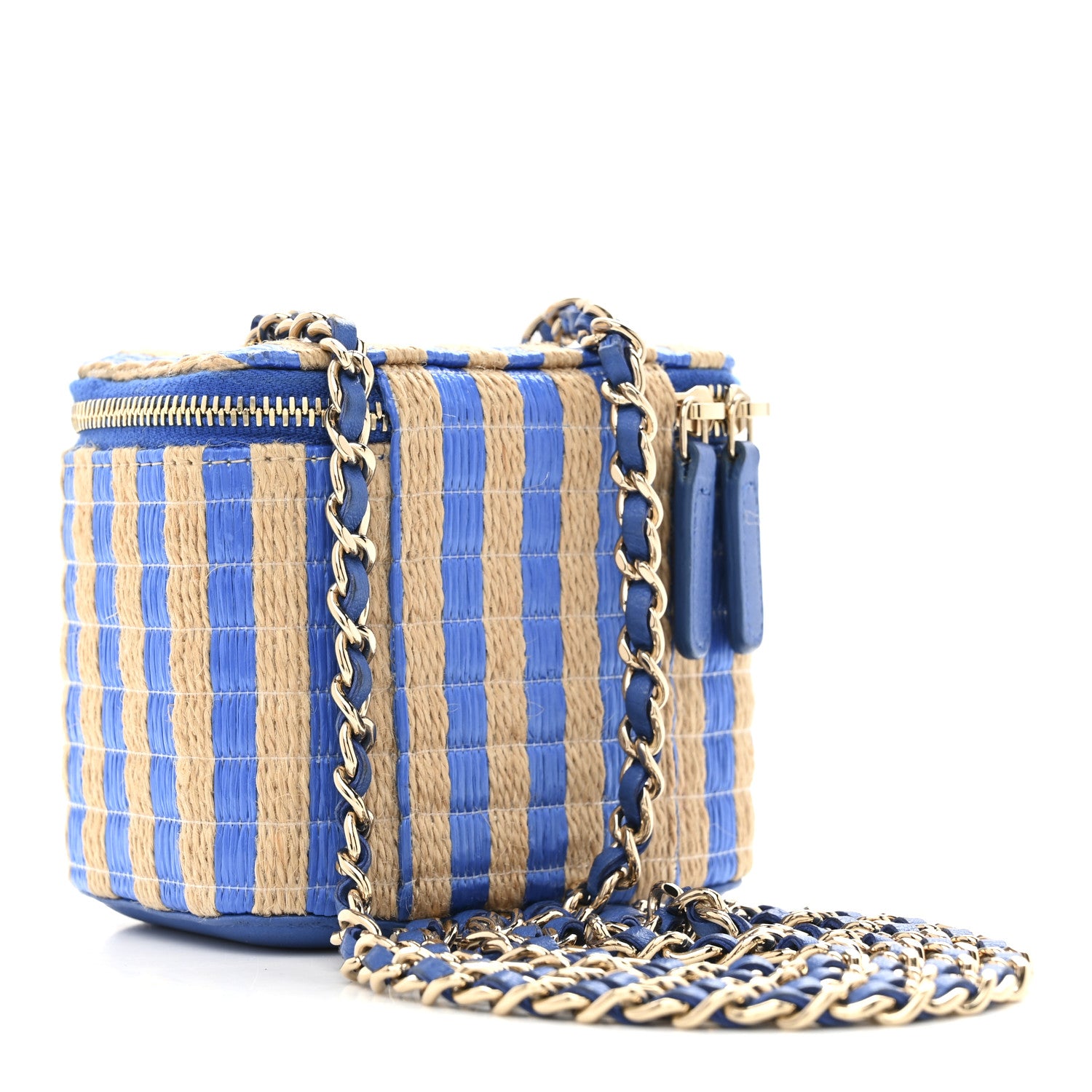 Chanel Raffia Jute Striped Mini Vanity Case With Chain Blue Beige 3 of 10