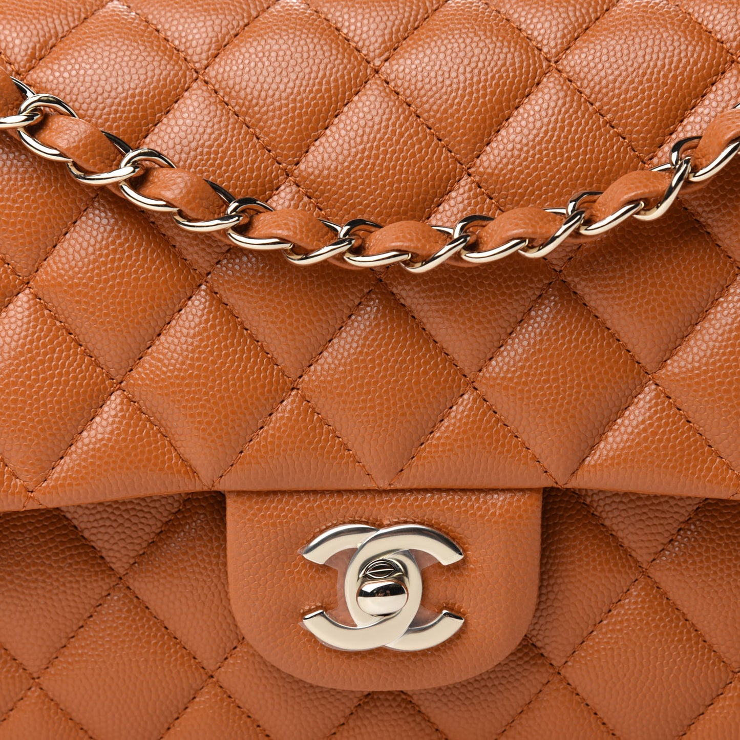 Caviar Quilted Medium Double Flap Light Brown