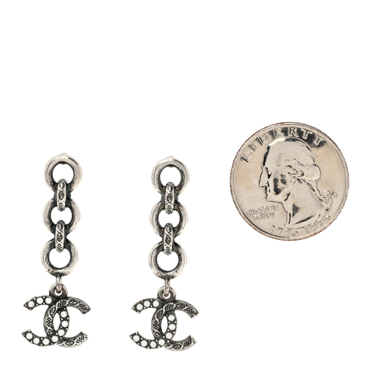 Chanel Crystal CC Chain Drop Earrings Silver 2 of 4