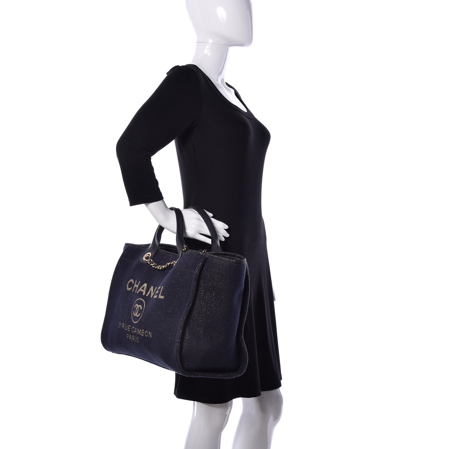 Lurex Canvas Medium Deauville Tote Navy Blue Gold