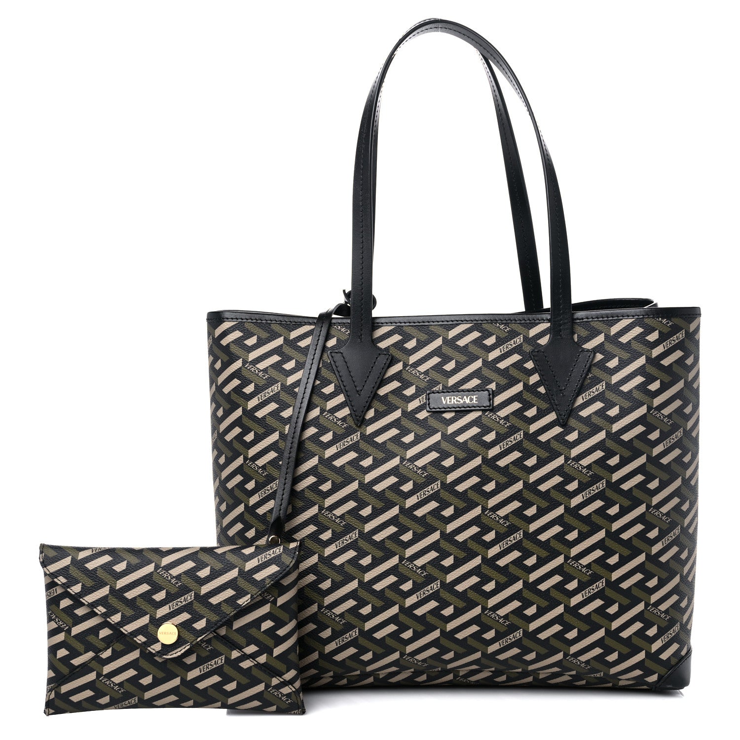 Versace Coated Canvas Calfskin La Greca Signature Shopper Tote Bag Black Khaki 1 of 12