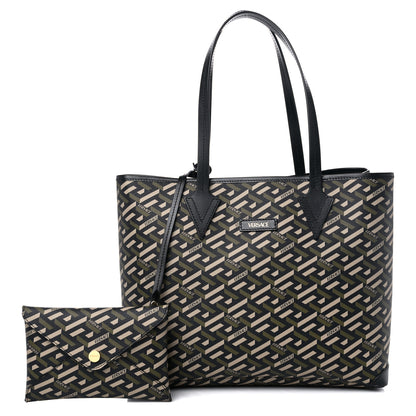 Versace Coated Canvas Calfskin La Greca Signature Shopper Tote Bag Black Khaki 1 of 12