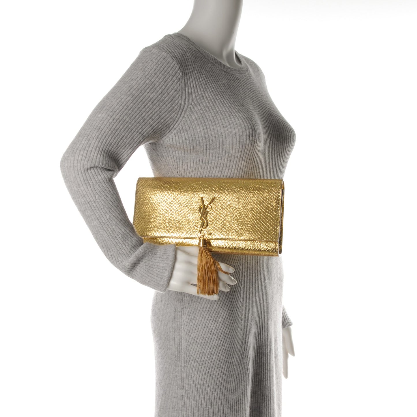 Metallic Calfskin Embossed Classic Monogram Tassel Clutch Gold