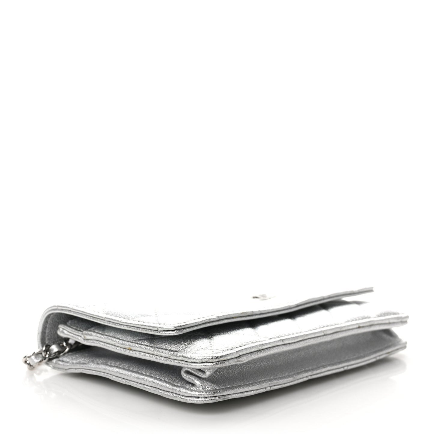 Metallic Lambskin Quilted Wallet On Chain WOC Silver