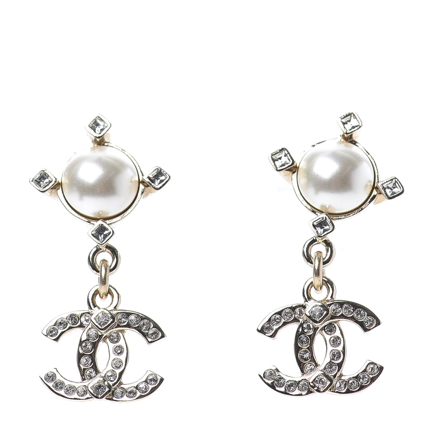 Crystal Pearl CC Drop Earrings Gold