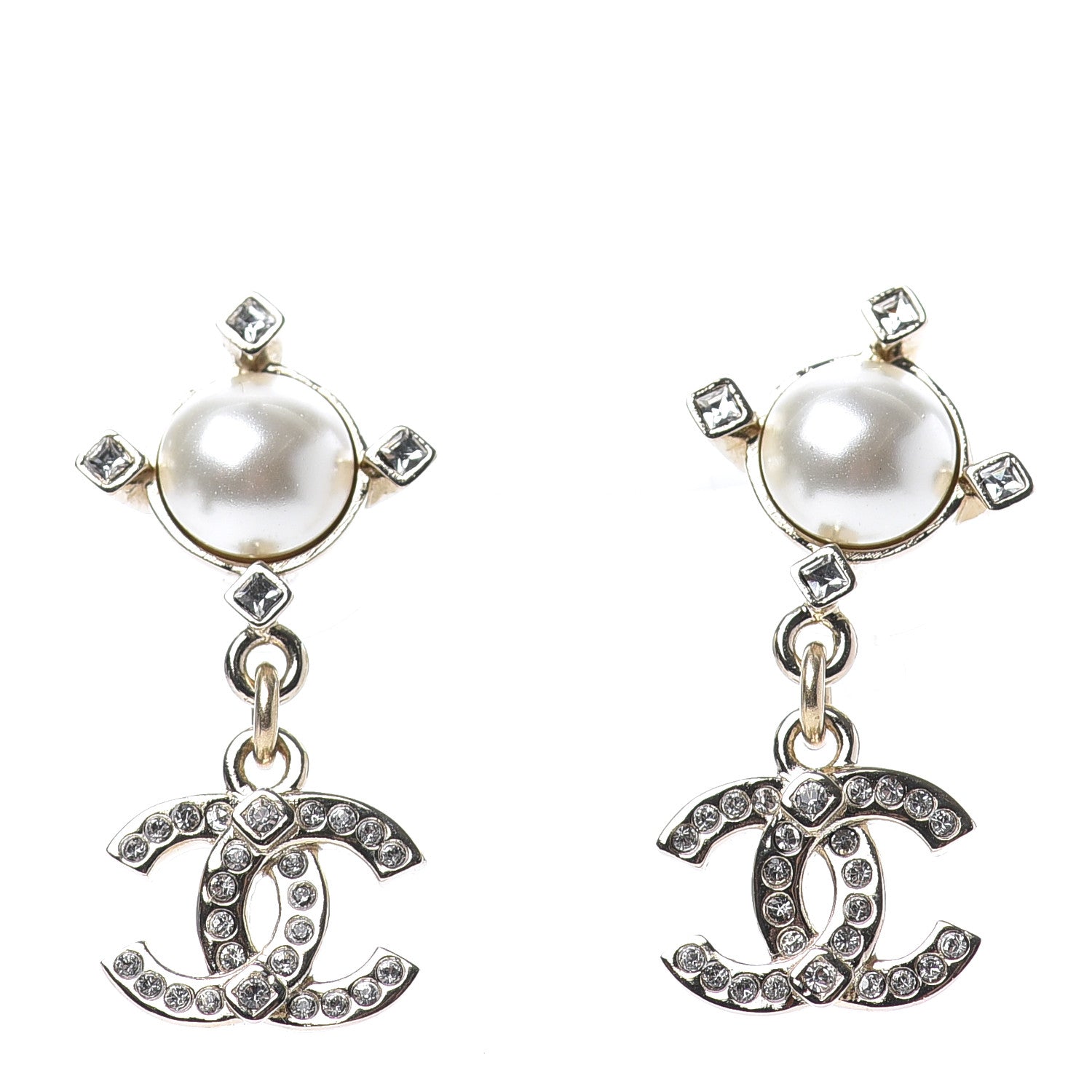 Chanel Crystal Pearl CC Drop Earrings Gold 1 of 4