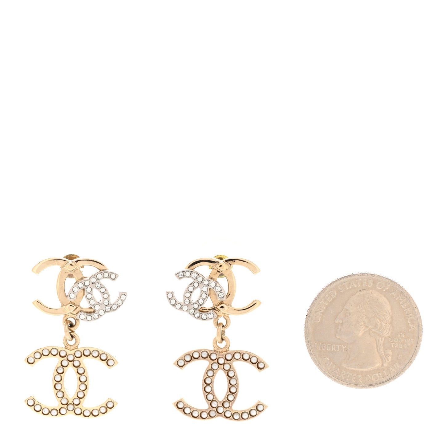 Crystal Pearl Double CC Drop Earrings Gold Silver