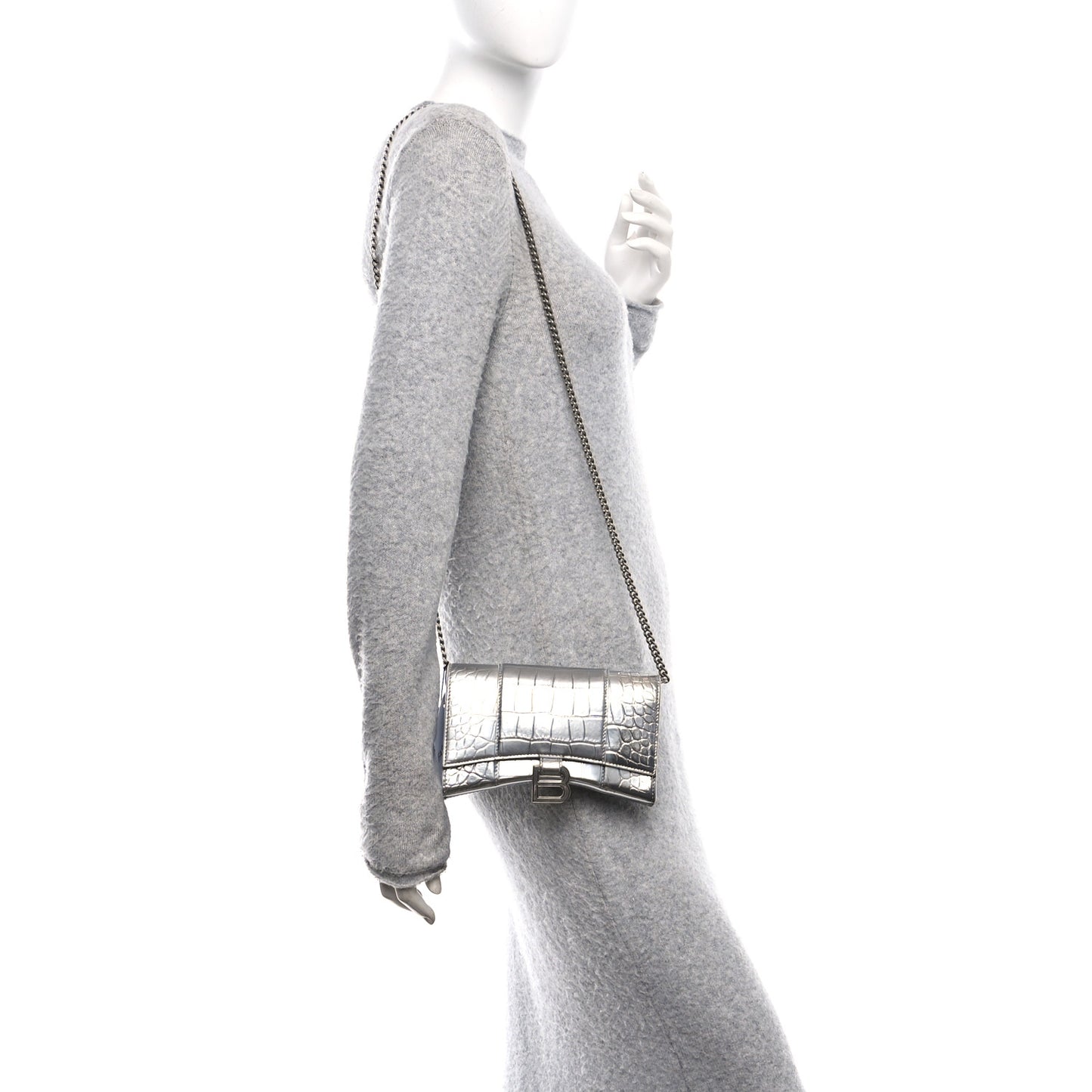 Metallic Calfskin Crocodile Embossed Hourglass Chain Bag Silver