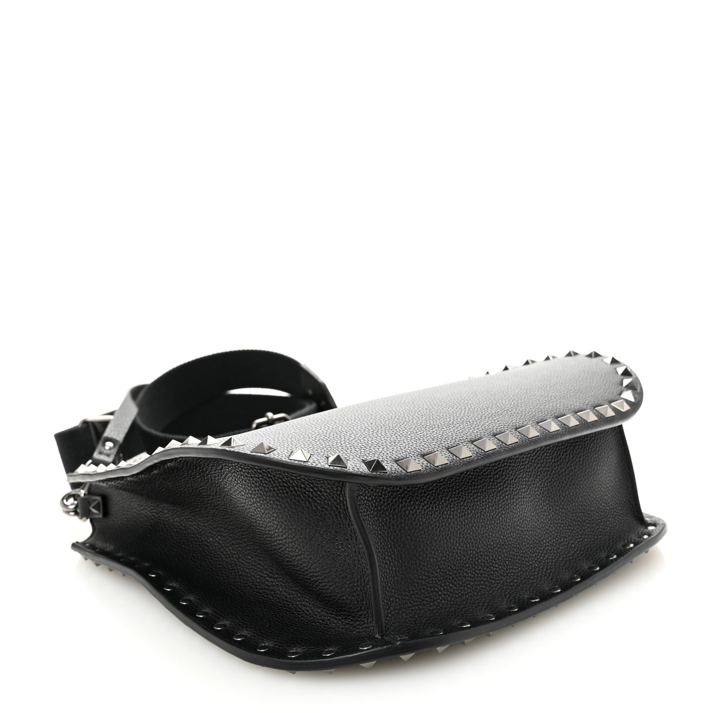 Grained Calfskin Rockstud Hobo Shoulder Bag Black