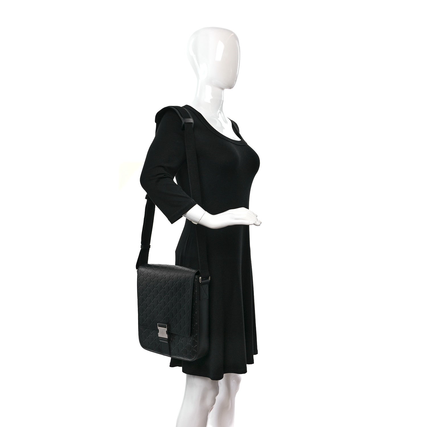 Gucci Guccissima Signature Single Buckle Flap Messenger Bag Black 2 of 9