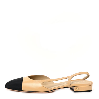 Chanel Goatskin Grosgrain Cap Toe CC Slingback Pumps 39.5 Beige Black 1 of 8