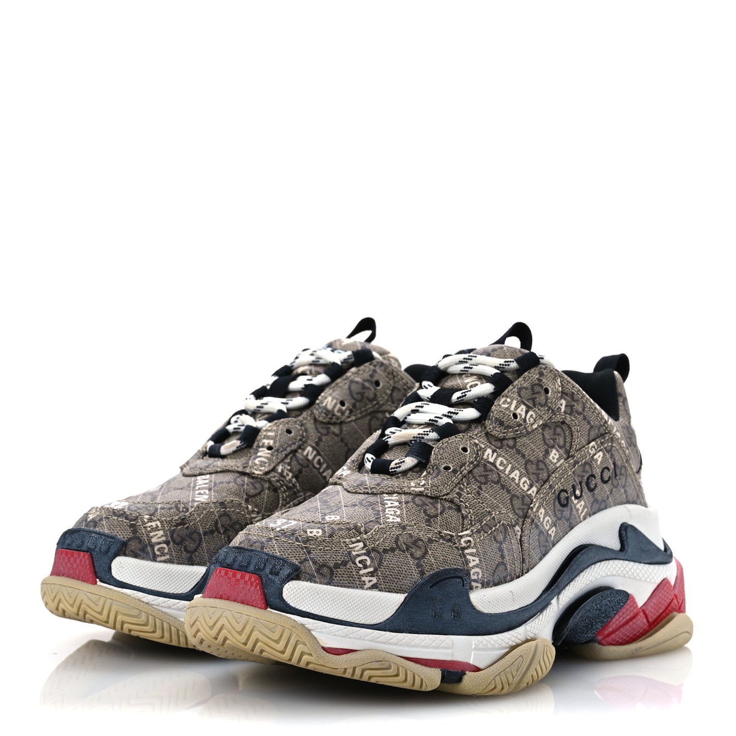 X GUCCI GG Supreme Monogram Allover Logo Womens Triple S Sneakers 37 Beige Ebony Mystic White