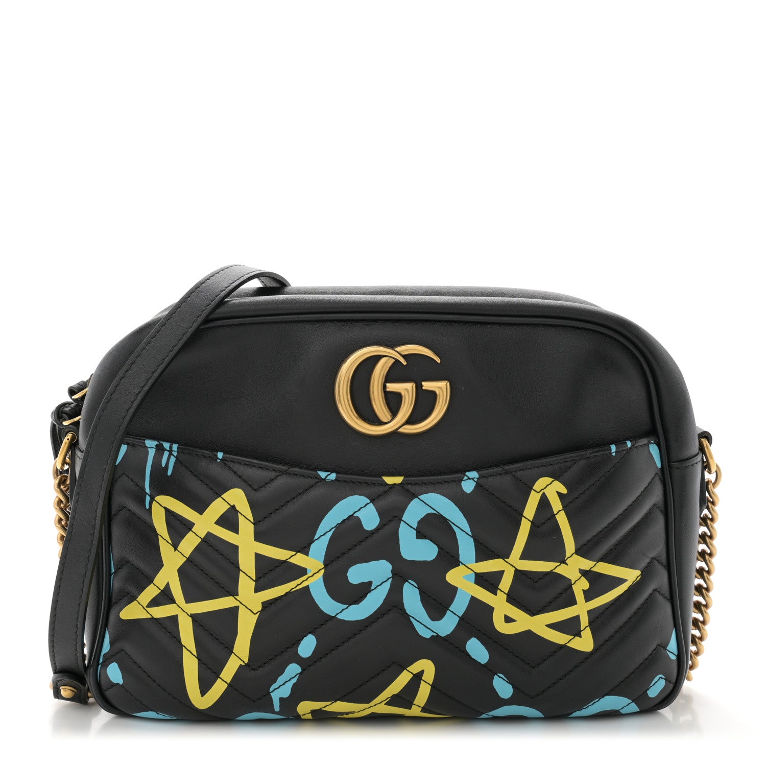 Gucci Calfskin Matelasse GucciGhost Medium GG Marmont Chain Shoulder Bag Black New Acquamarine 1 of 11