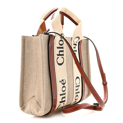 Chloe Cotton Calfskin Small Woody Ribbon Tote With Strap White Brown 3 of 11