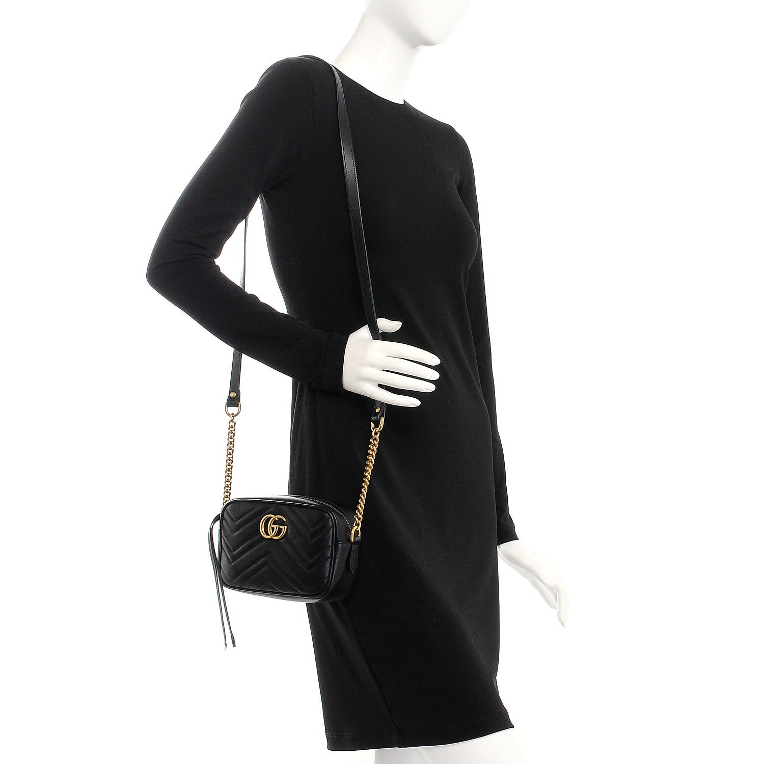 Gucci Calfskin Matelasse Mini GG Marmont Chain Shoulder Bag Black 2 of 7