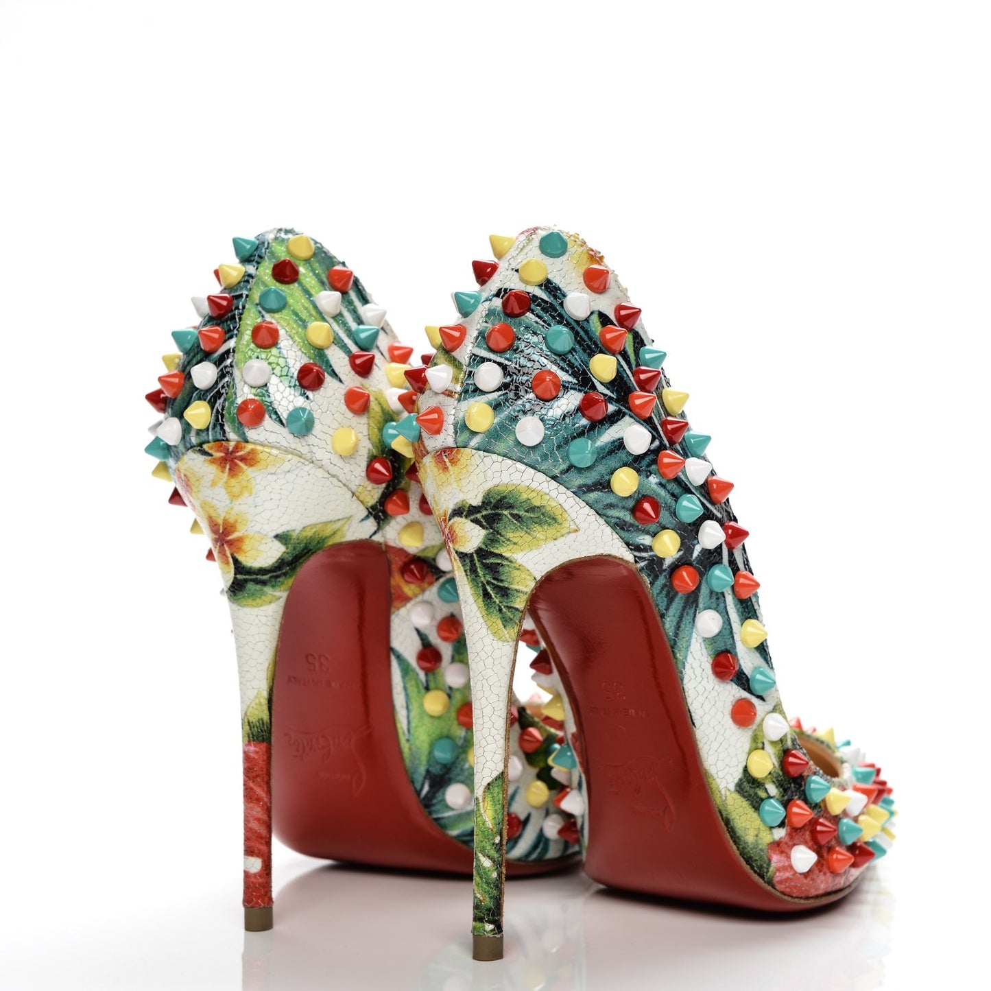Crackled Calfskin Hawaiian Print Follies Spikes 120 Pumps 35 White Multi
