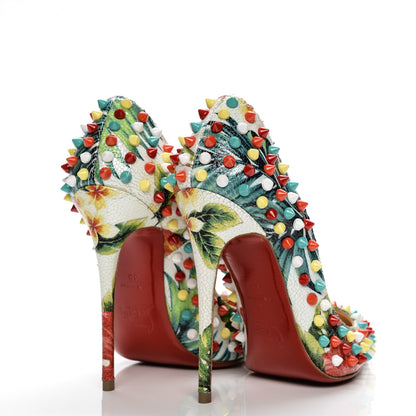 Christian Louboutin Crackled Calfskin Hawaiian Print Follies Spikes 120 Pumps 35 White Multi 4 of 7