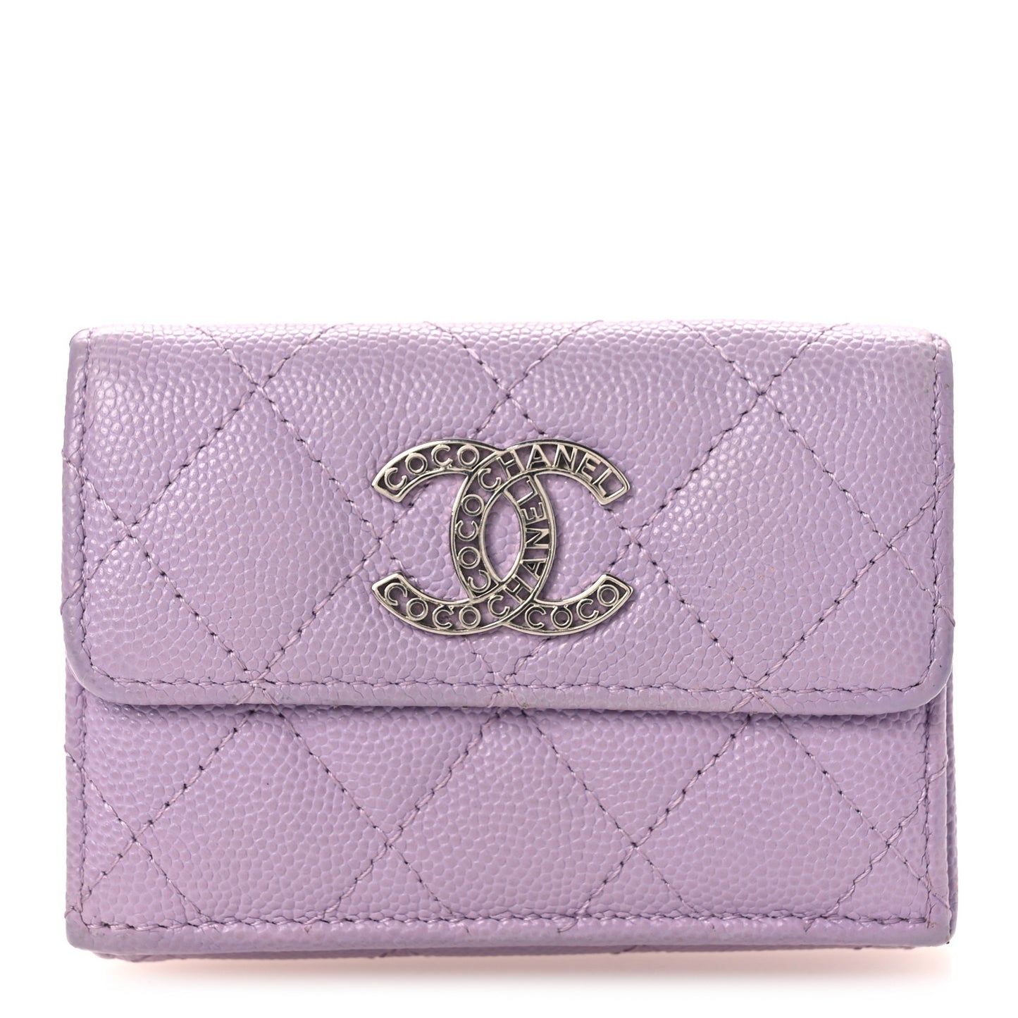 Caviar Quilted CC Logo Double Flap Wallet Light Purple