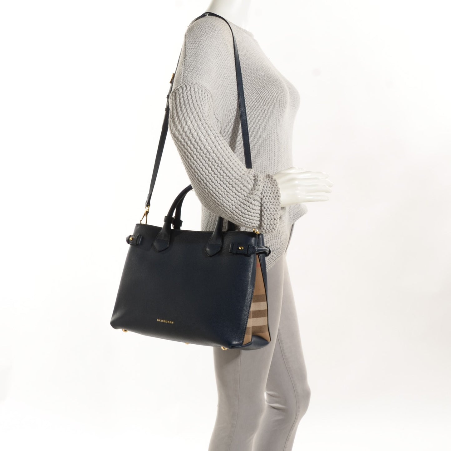 Grainy Calfskin House Check Medium Banner Tote Ink Blue