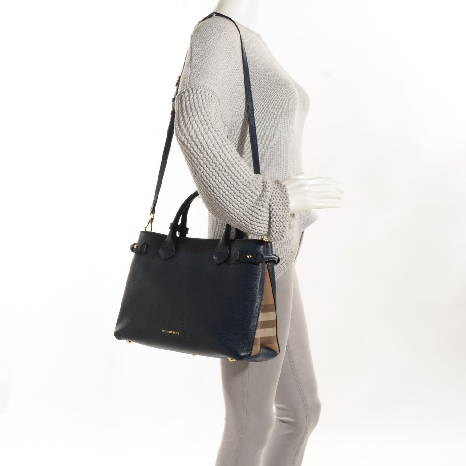 Burberry Grainy Calfskin House Check Medium Banner Tote Ink Blue 5 of 12