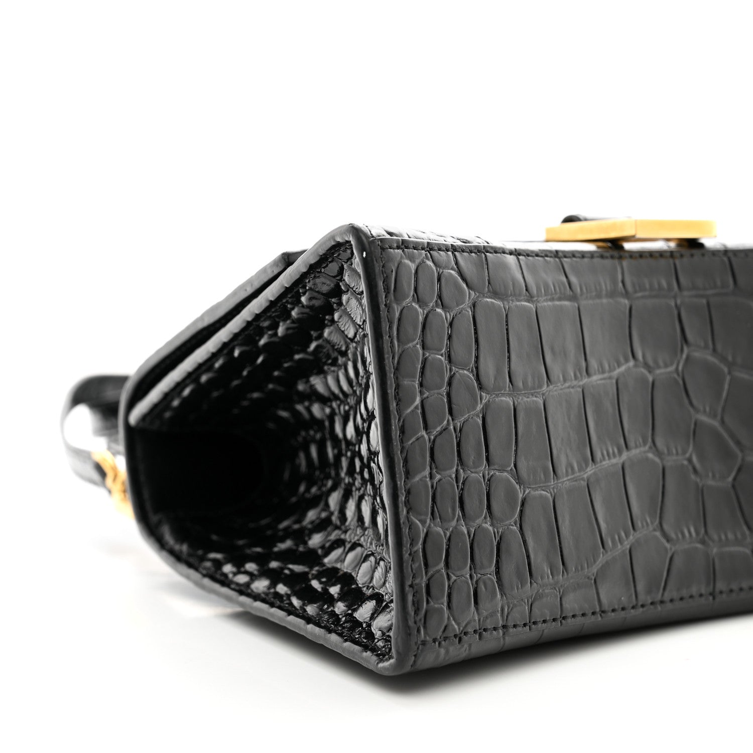 Balenciaga Shiny Calfskin Crocodile Embossed Small Hourglass Top Handle Bag Black 8 of 9
