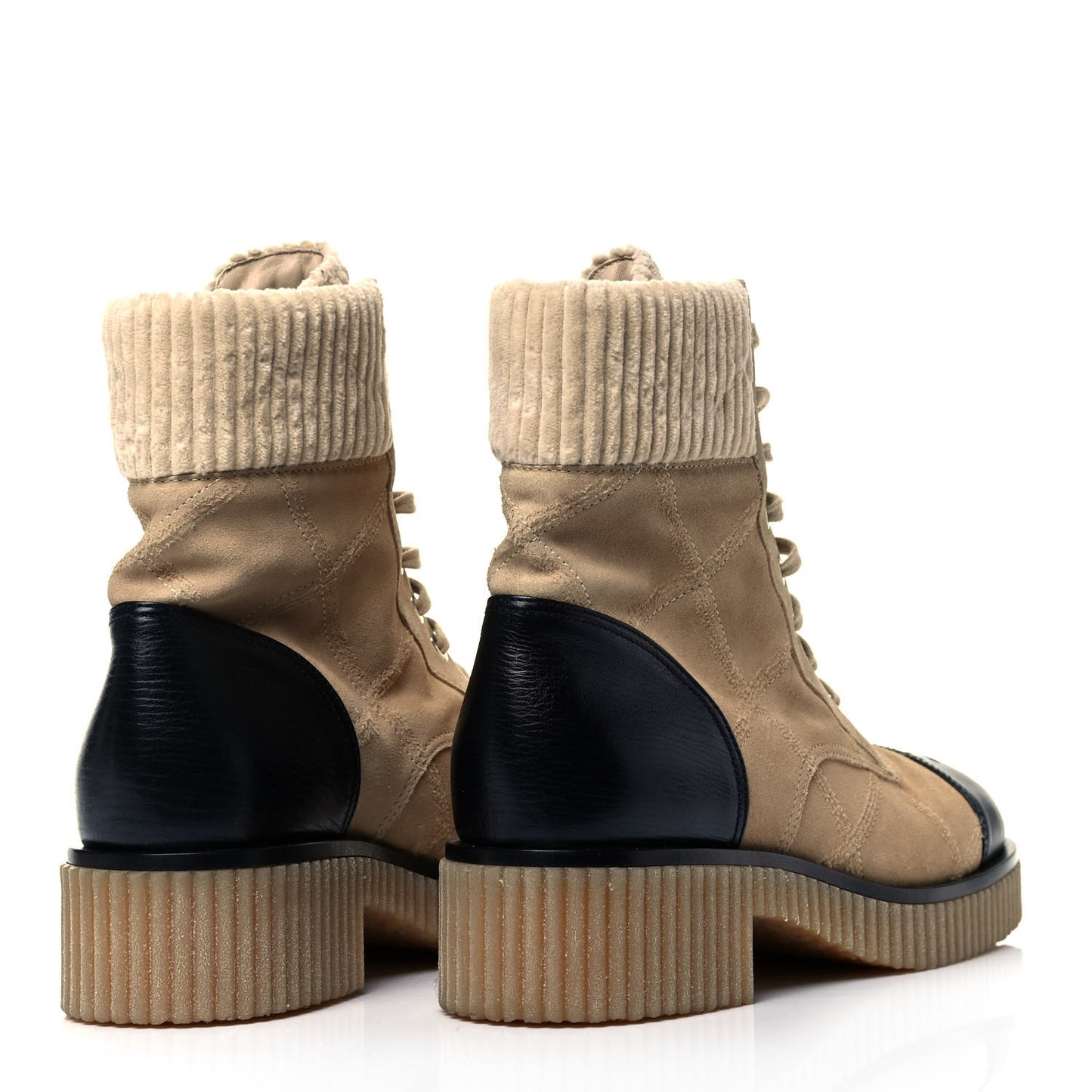 Suede Calfskin Velvet Quilted CC Combat Boots 41 Beige Black