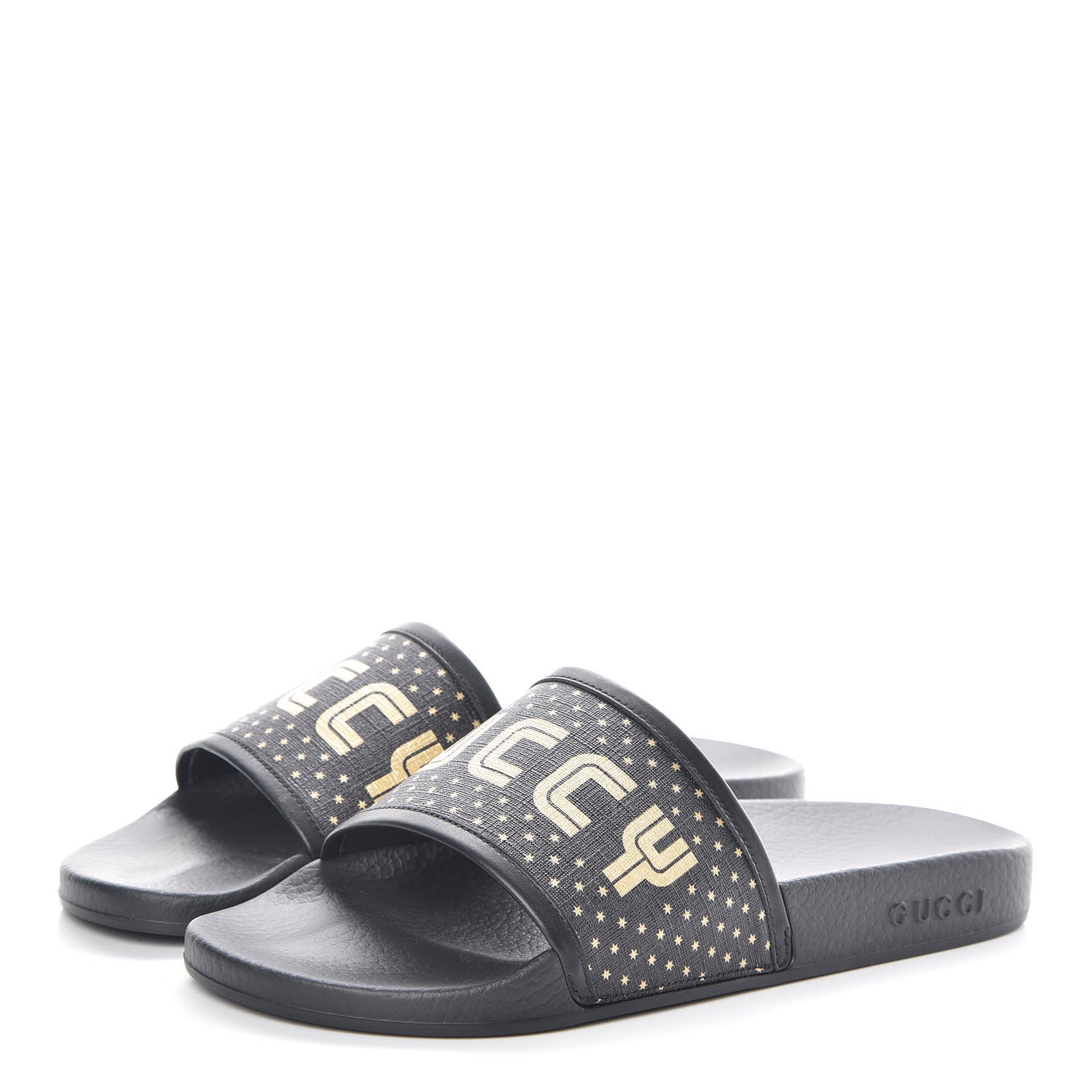 Gucci X SEGA Supreme Canvas GUCCY Stars Mens Slide Sandals 8 Black Gold 3 of 8
