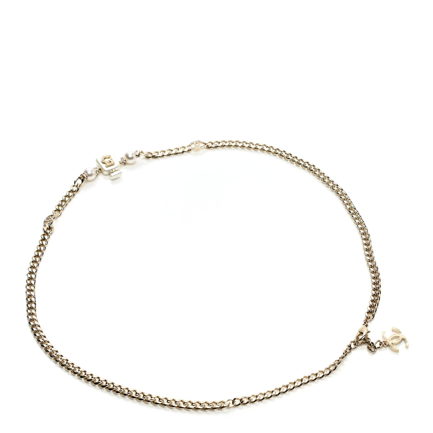 Pearl Resin Crystal CC No 5 Perfume Bottle Chain Belt Gold Pearly White