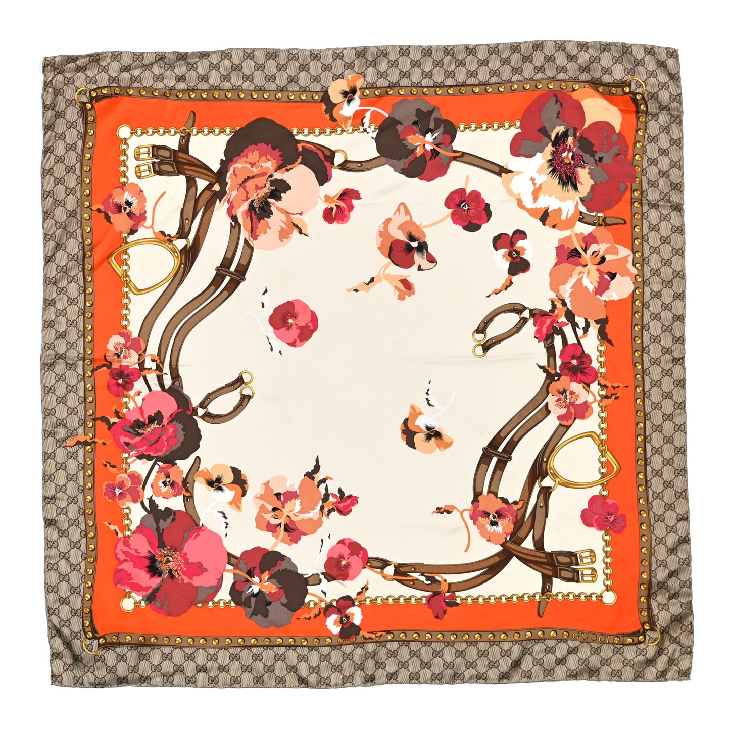 Silk Twill GG Monogram New Panshie Square Scarf Orange Pink