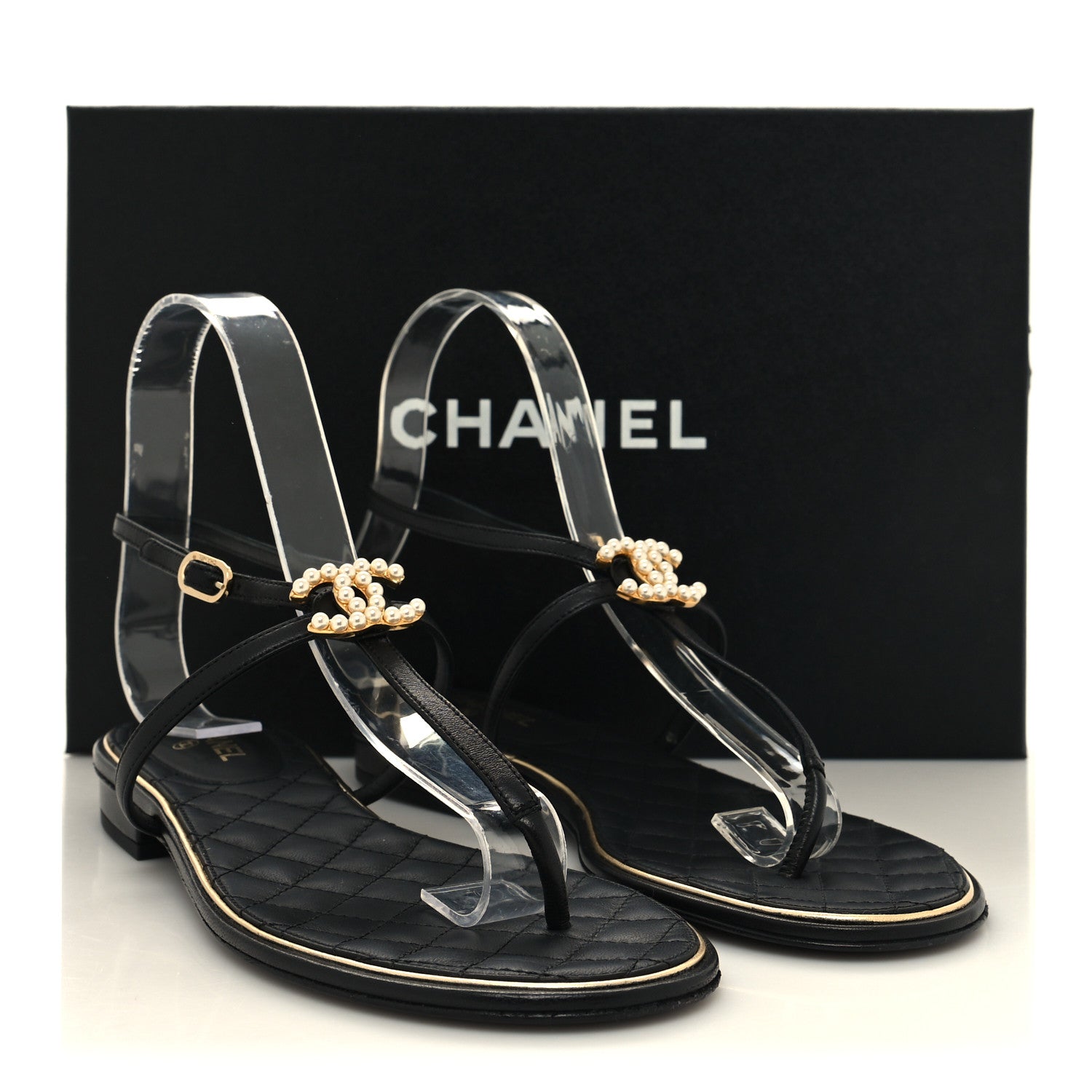 Chanel Lambskin Pearl CC Thong Sandals 37 Black Gold 8 of 8