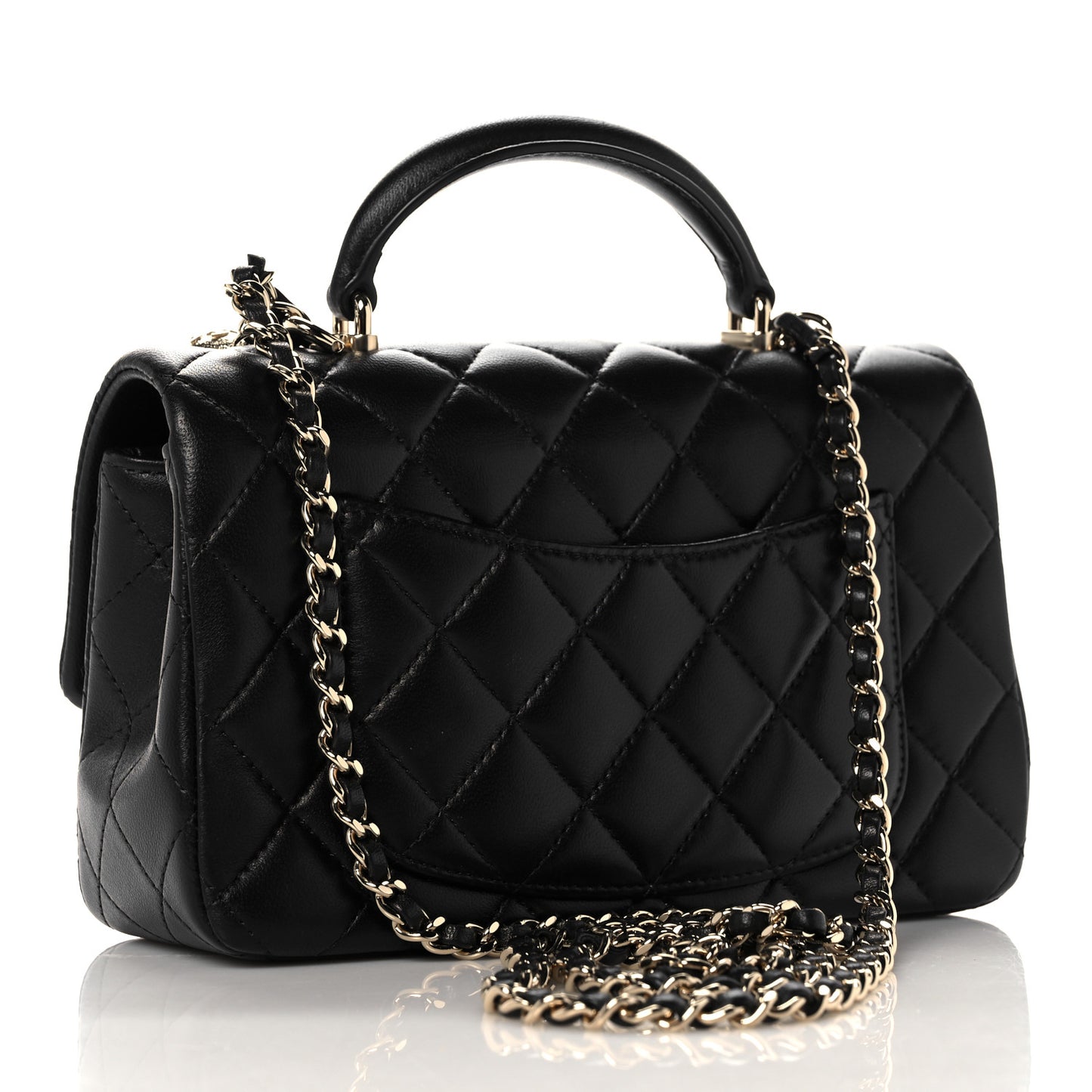 Lambskin Quilted Mini Lion Charm Top Handle Rectangular Flap Black