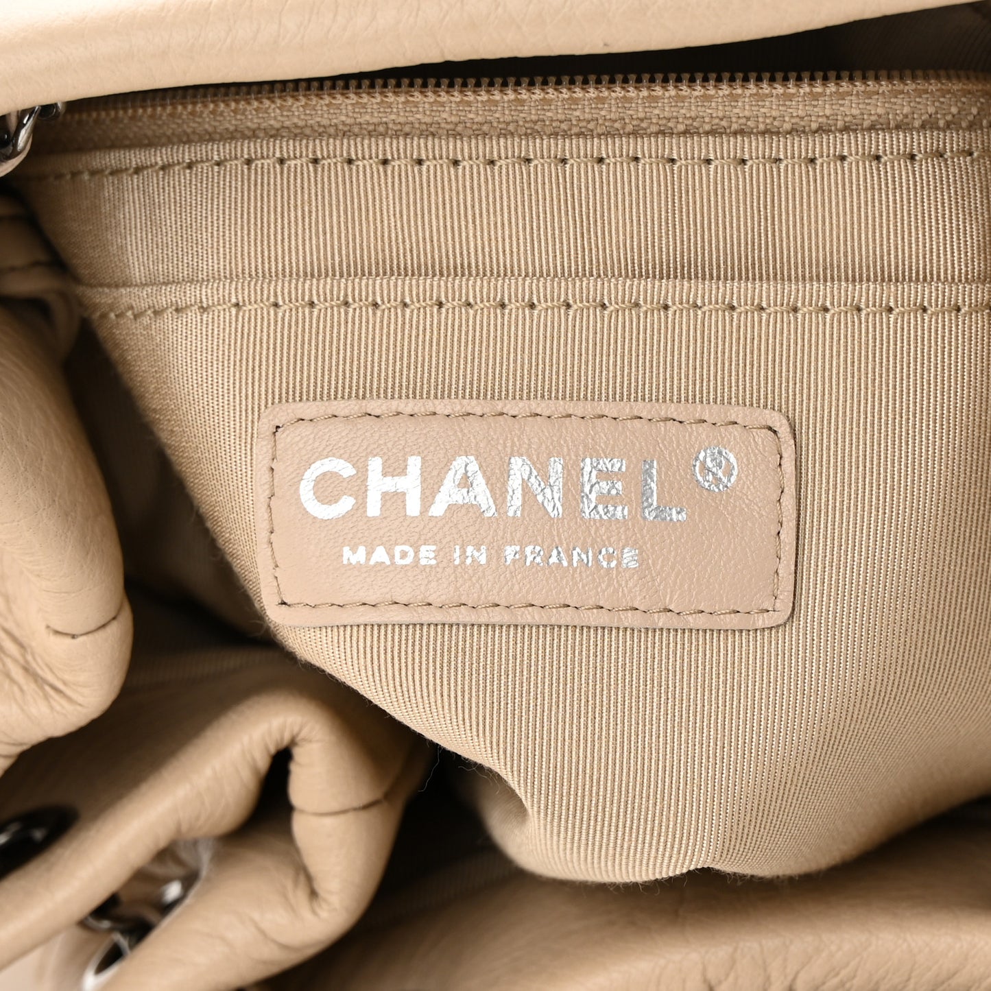 Deerskin Chevron Small CC Chain Bucket Bag Beige