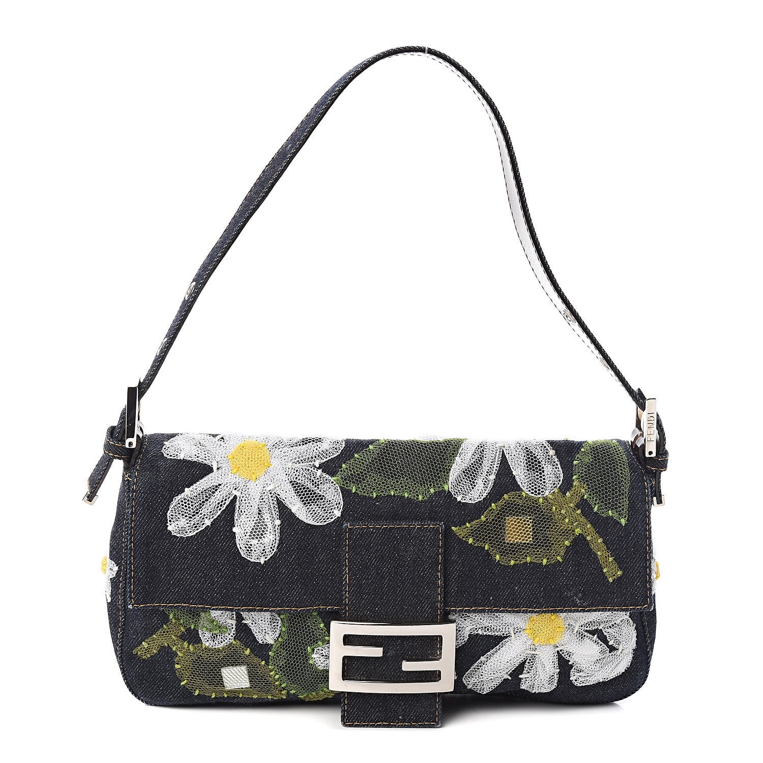 Fendi Denim Flower Applique Baguette Blue 1 of 13
