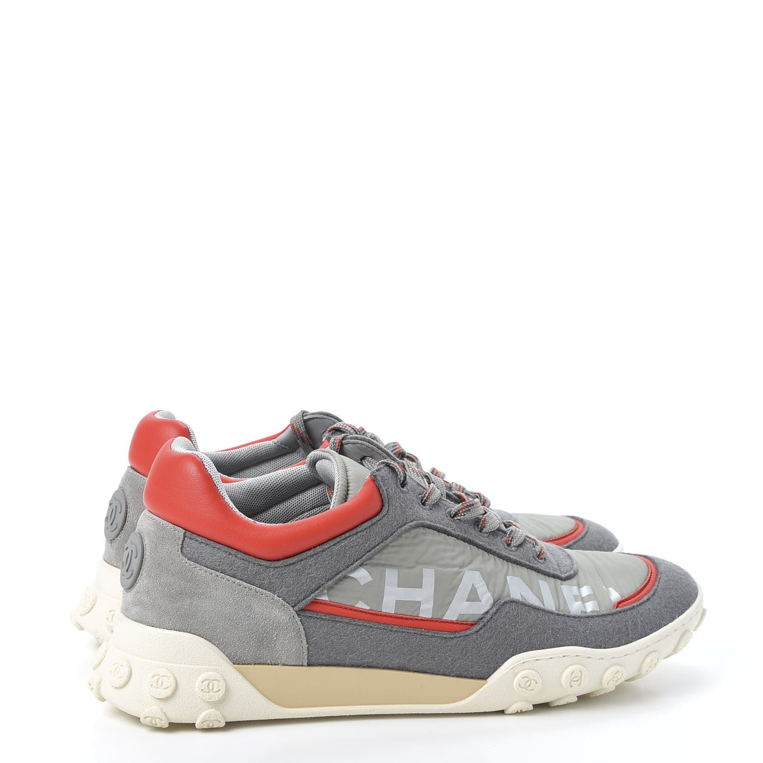 Chanel Nylon Calfskin Suede Mens CC Sneakers 41 Grey Orange 4 of 10