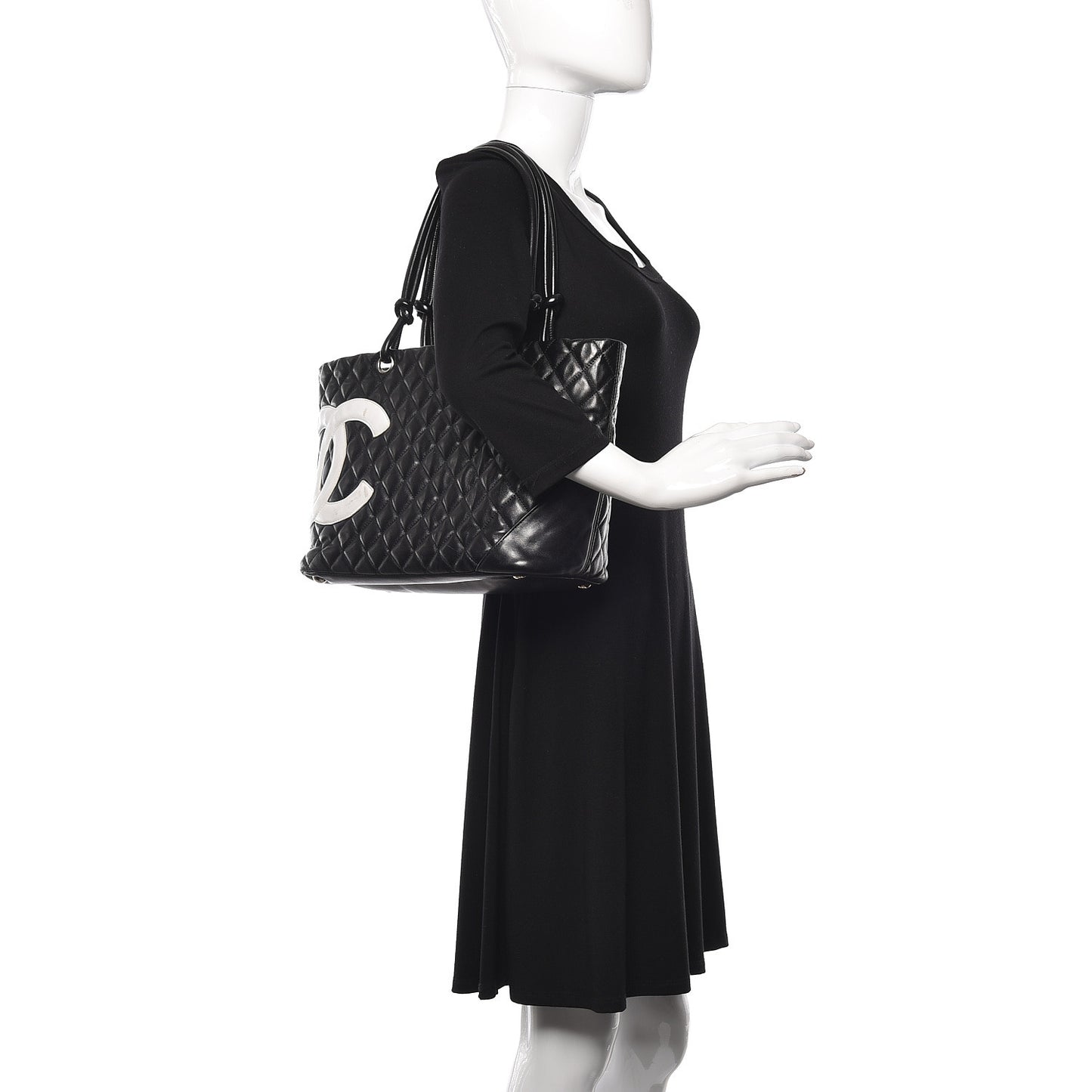 Calfskin Quilted Large Cambon Tote Black White