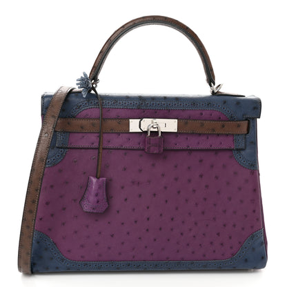 Hermes Ostrich Ghillies Kelly Retourne 32 Violine Bleu De Malte Marron 1 of 12