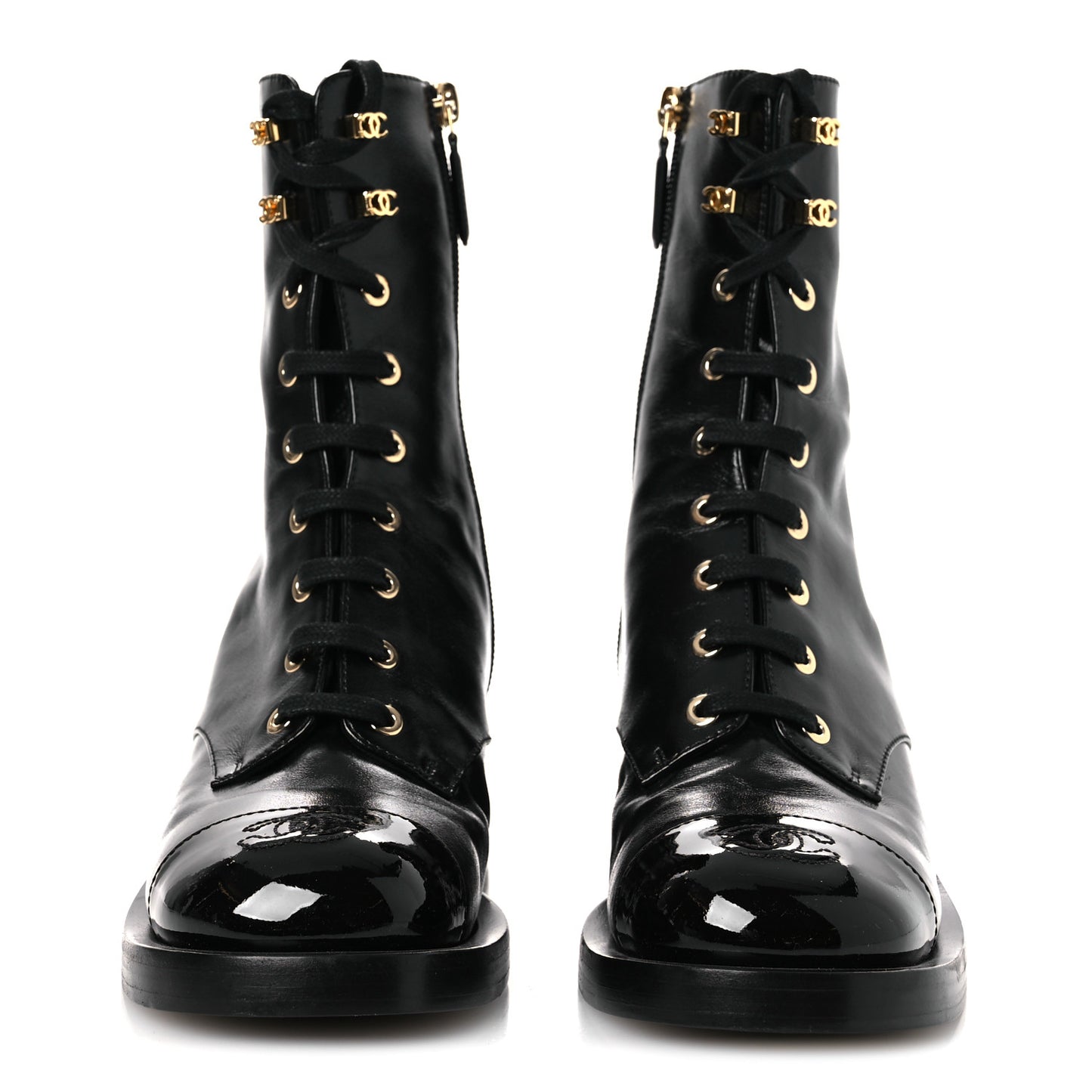 Shiny Calfskin Patent Cap Toe Lace Up Combat Boots 36.5 Black
