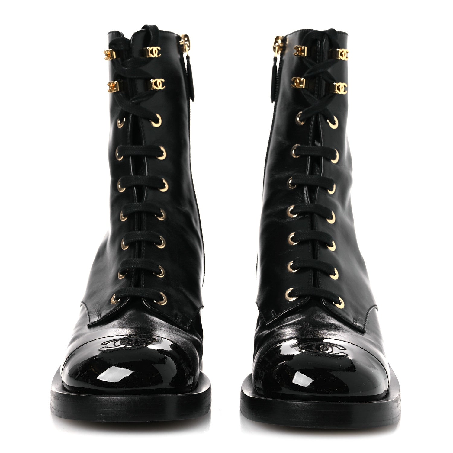 Chanel Shiny Calfskin Patent Cap Toe Lace Up Combat Boots 36.5 Black 3 of 10