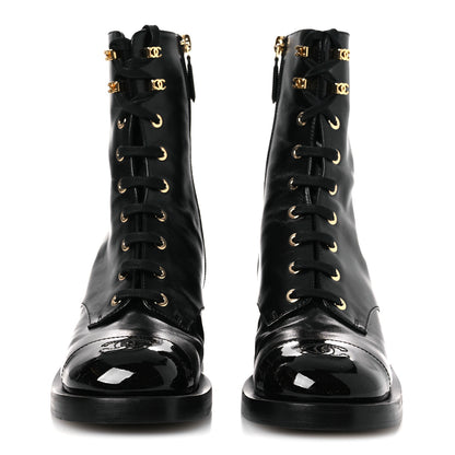 Chanel Shiny Calfskin Patent Cap Toe Lace Up Combat Boots 36.5 Black 3 of 10