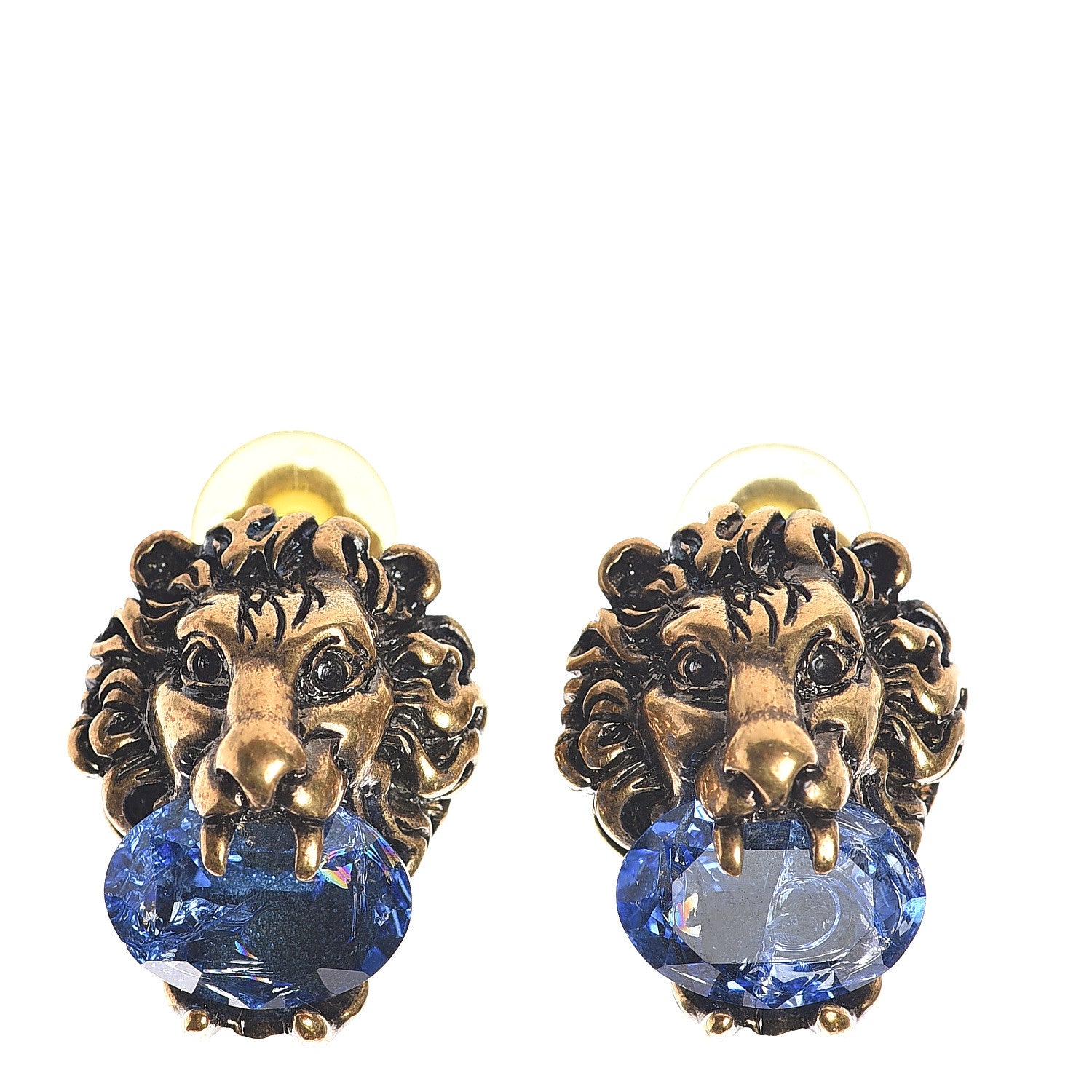 Gucci Metal Crystal Lion Clip On Earrings Aged Gold Blue 1 of 5