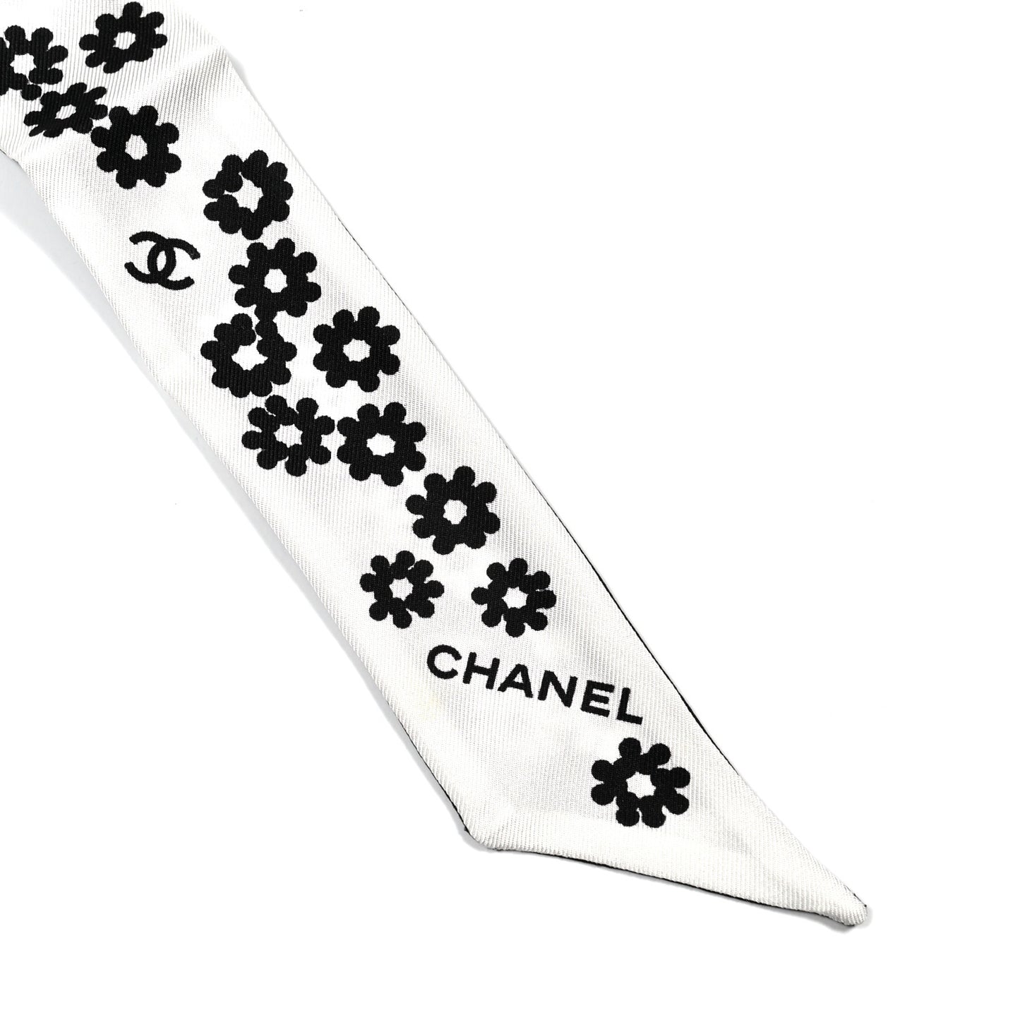 Silk Twill CC Flowers Slim Bandeau Scarf White Black