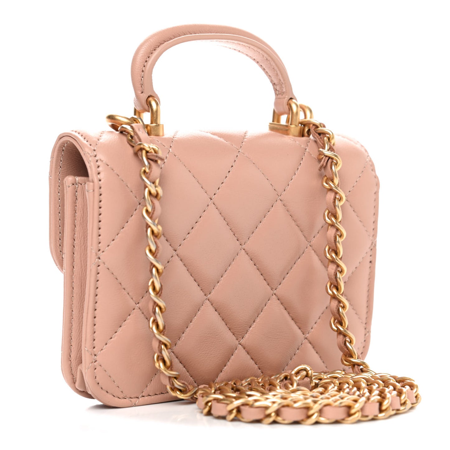 Lambskin Quilted Top Handle Flap Coin Purse With Chain Beige