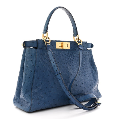 Fendi Ostrich Shiny Nappa Medium Peekaboo Iconic Satchel Blue 3 of 10